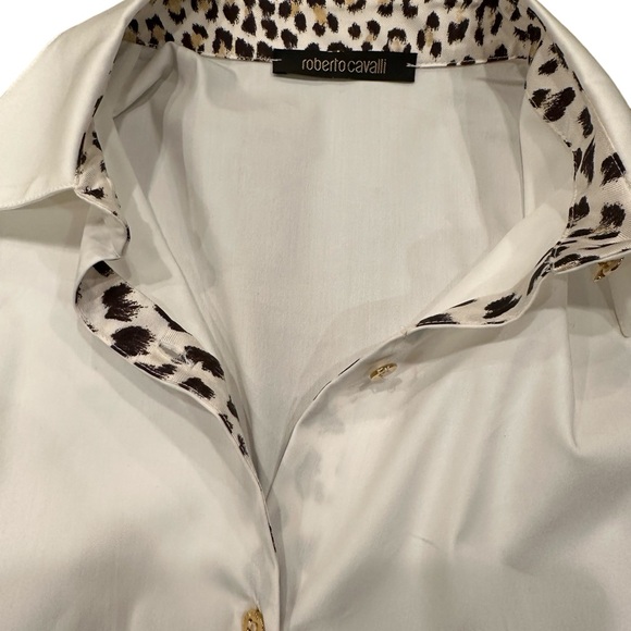 ROBERTO CAVALLI  white blouse with spotted trim, size 40 EU - Picture 7 of 8